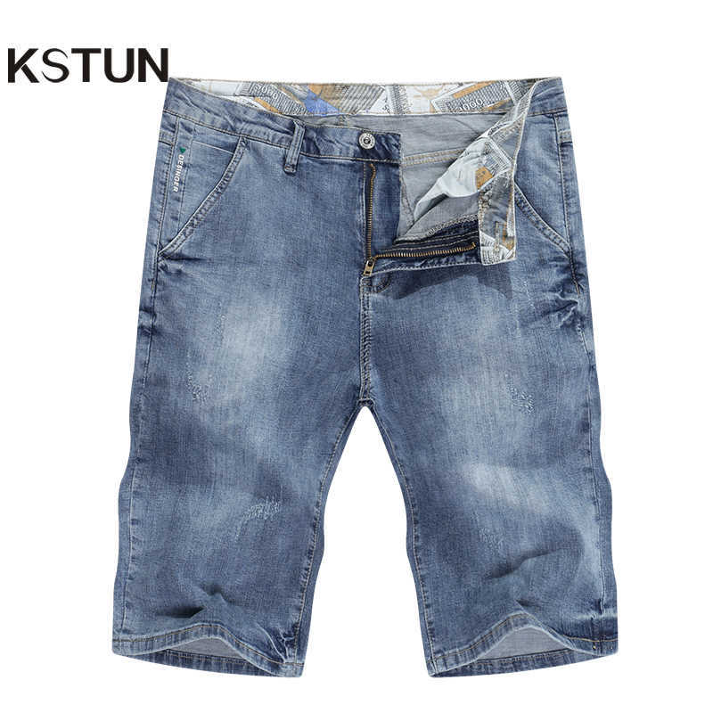

KSTUN Mens Light Blue Jeans Shorts Slim Fit Jeans Men Stretch Summer Denim Short Pants Fashion Leisure Male Jeans Quality Brand X0621