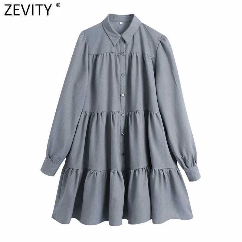 

Zevity Women Fashion Turn Down Collar Solid Color Pleats Straight Shirt Dress Female Chic Party Vestido Casual Cloth DS4875 210603, As pic ds4875bb