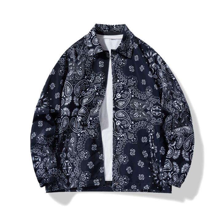 

Spring and autumn tide Shirt collar brand men's jacket retro cashew flower couple baseball uniform KJ009, Navy