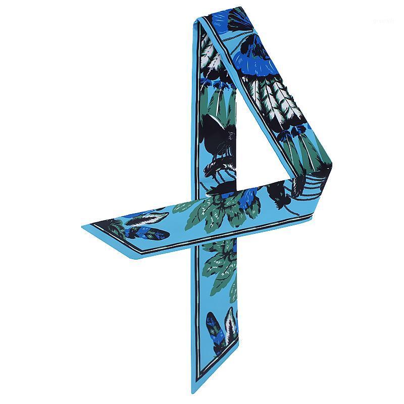 

Scarves 2021 Paris Breviscapus Print Small Silk Scarf Women Fashion Head Long For Bags Ribbons, Blue;gray