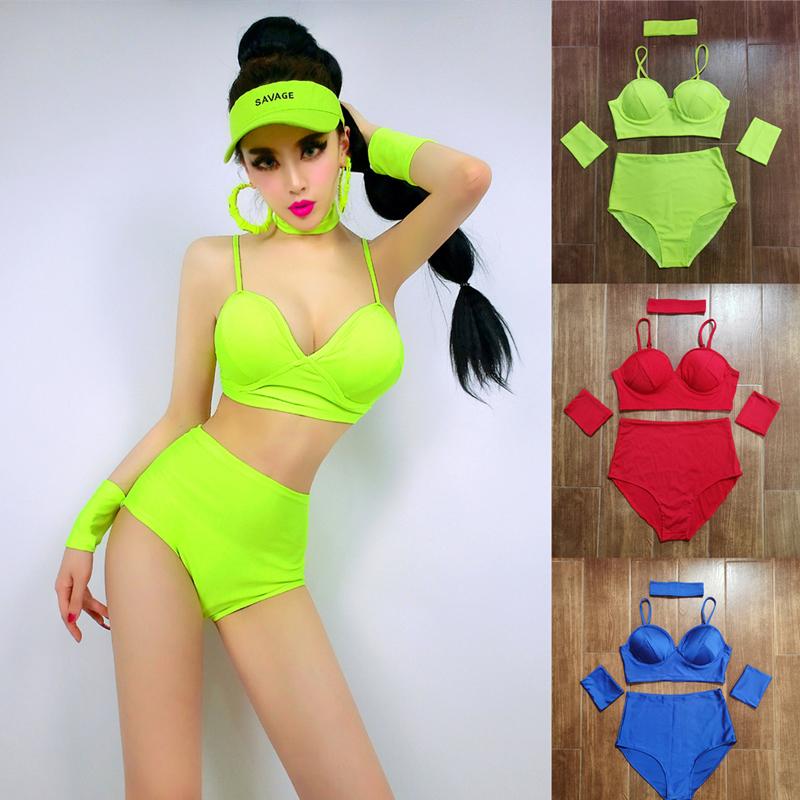 

Stage Wear Pole Dance Clothing Nightclub Gogo Costumes Dj Hip Hop Jazz Dancing Fluorescent Green Bikini Suit Shorts Rave DNV14902, White parts