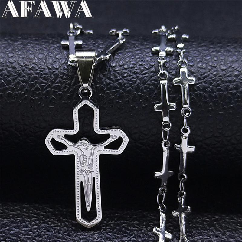 

Pendant Necklaces Catholic Jesus Cross Key Stainless Steel Chain Necklace Women/Men Silver Color Small Jewelry Collier Femme N4514S05