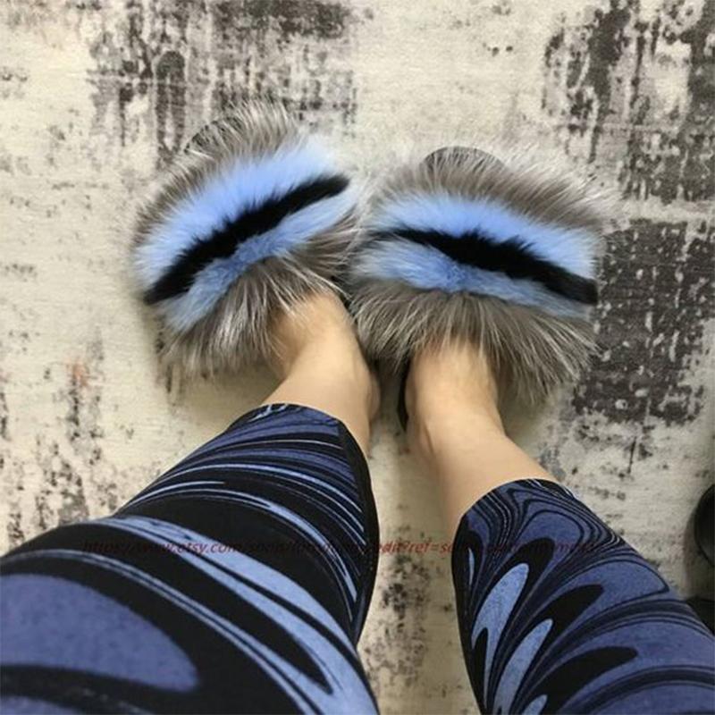 

Real Fur Slides Extra Fluffy Luxury Sandals Rainbow Comfortable Fashion Flip Flops Big Size Furry Falts Slippers Women Shoes, Black