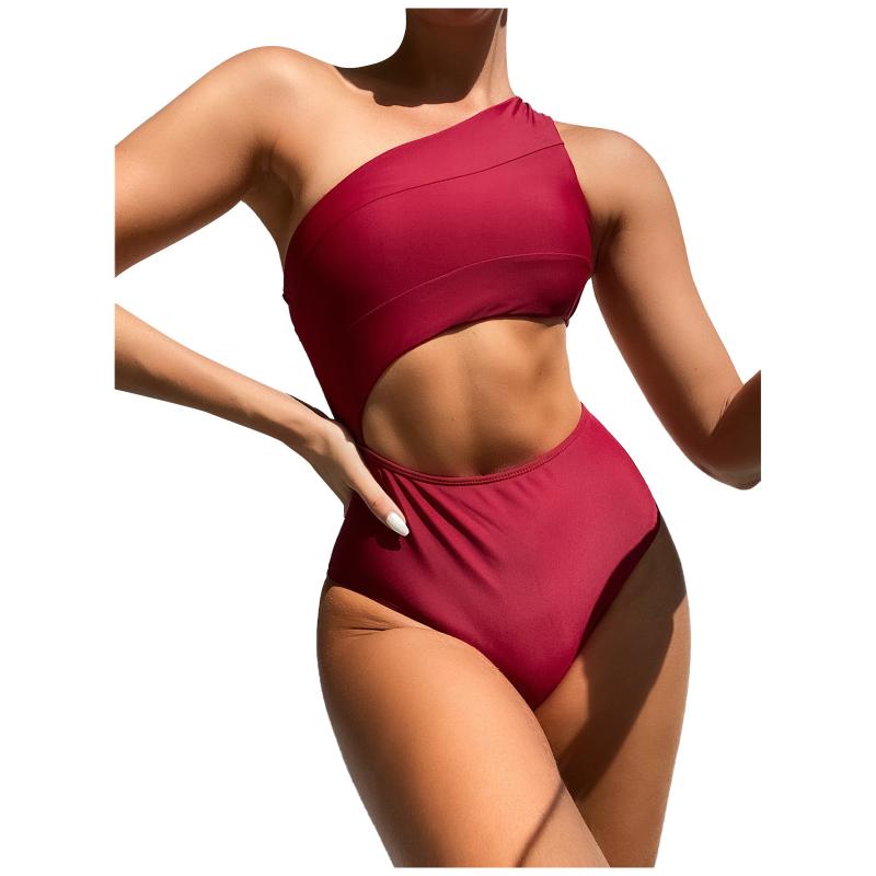 

Women' Swimwear Bikini Solid Color Ladies Summer Fashion Sexy Charming Single Shoulder Strap High Waist Swimsuit Two Piece Bra, Red