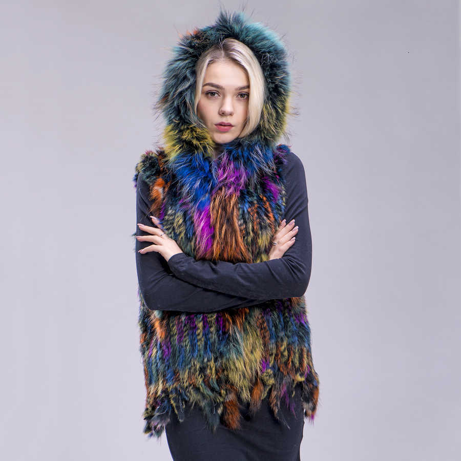 

ZDFURS* women real natural rabbit vest fur with raccoon fur hooded collar trimming waistcoat knitted genuine T191118, Colorful 1