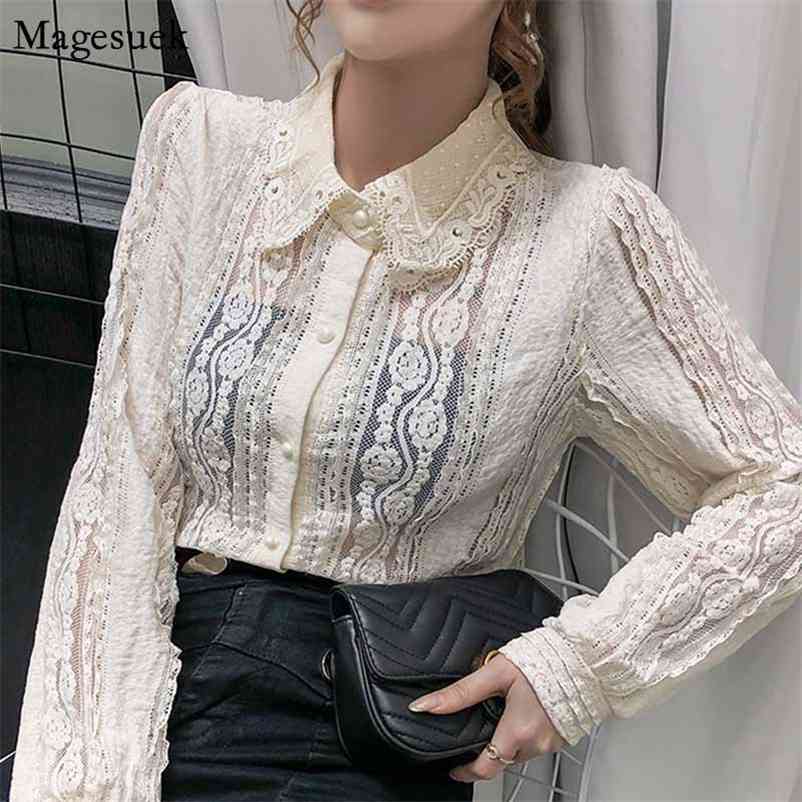 

Sexy See Through Fashion Women Blouses Vintage Long Sleeve Lace Blouse Cotton Single Breasted Top Female 10457 210518, Black
