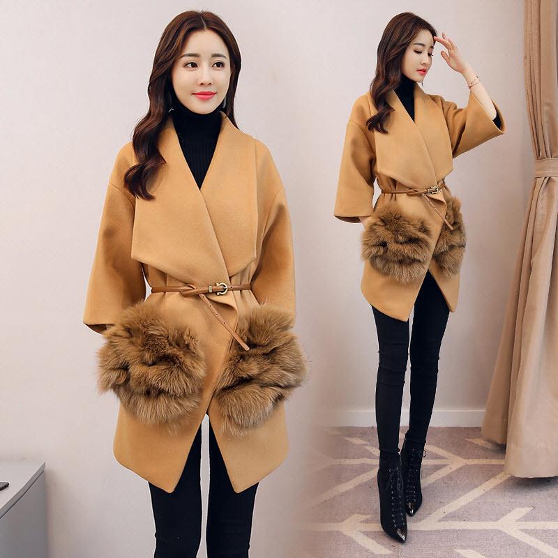 

Women's Wool & Blends 2021 Fashion Fur Pocket Belt Woolen Coats Autumn Winter Jackets Ladies Slim 3/4 Sleeve Outerwear V968, Khaki