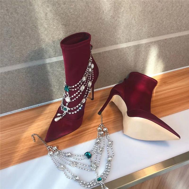 

Boots 2021 Fashion Suede Jewelry Thin High Heels Shoes Women Sexy Chain Diamond Ankle Pointed Toe Design, As picture
