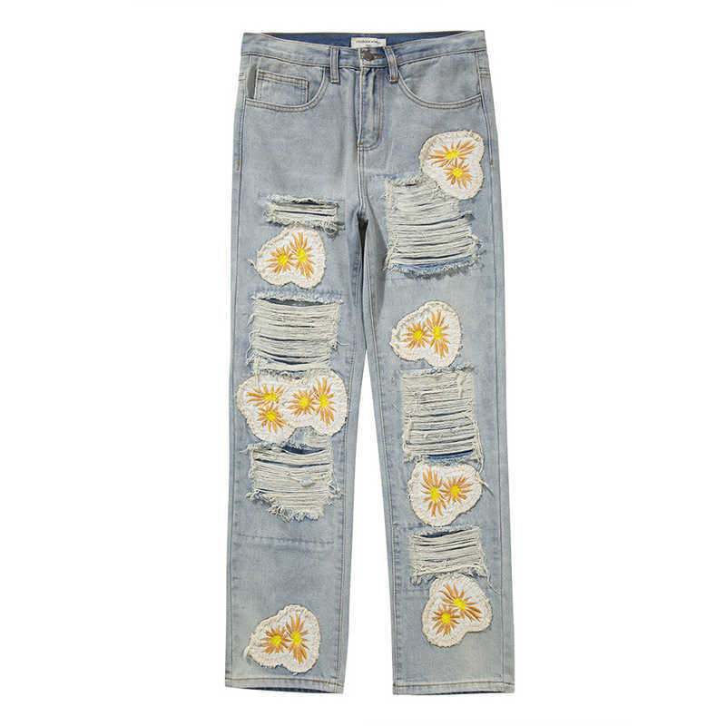 

Men's Jeans Super heavy industrial Daisy patch embroidered jeans, Light blue