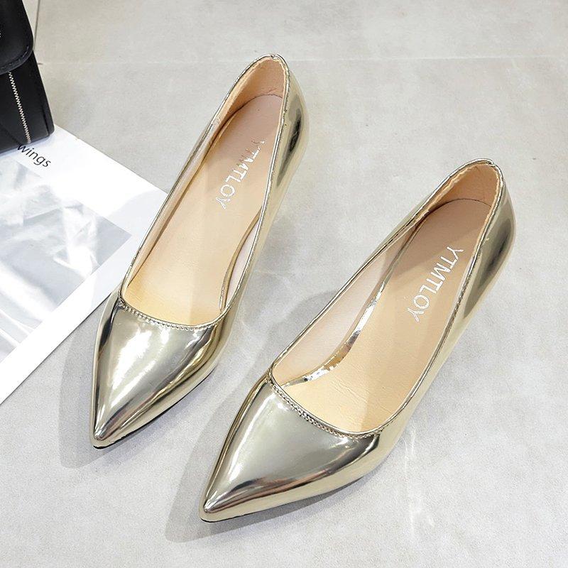 

Dress Shoes Ladies High-heeled Shiny Heels Patent Leather Metallic Silver Gold Wedding Pumps Pointed Heel Women 2021