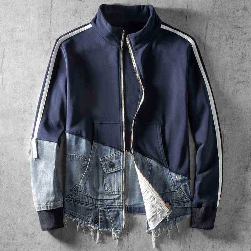 

Spring and autumn new zipper cardigan denim sweater men's fashion design sense splicing casual stand collar coat, Black;brown