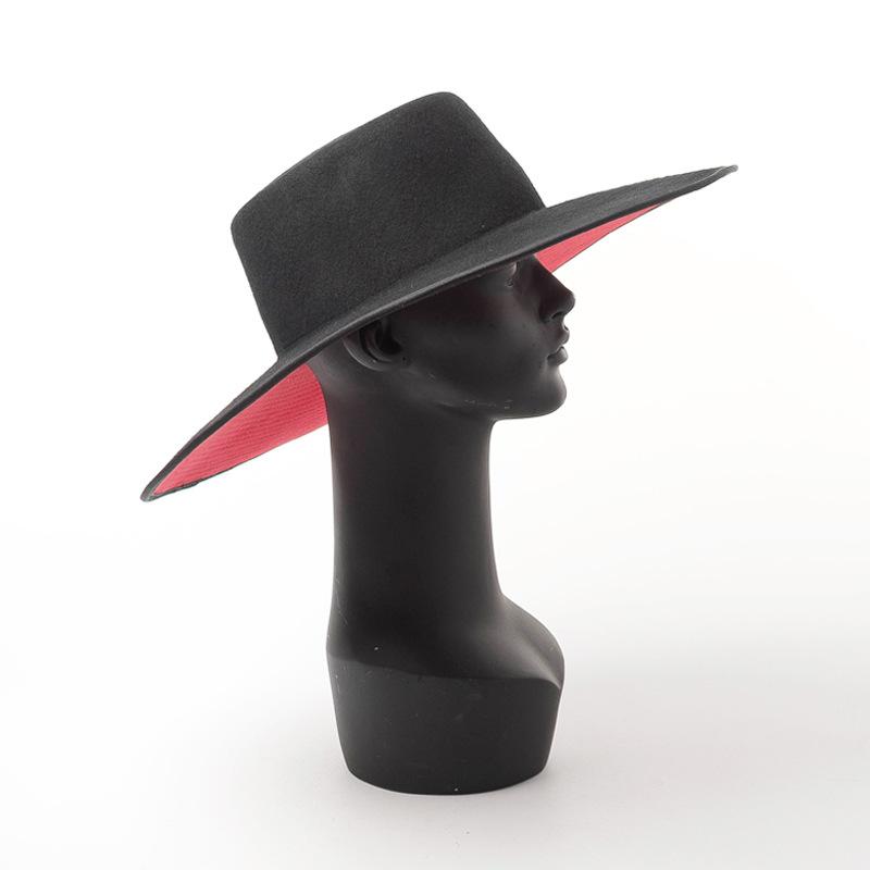 

Wide Brim Hats 202107-Junxian-2001A Classic Winter Wool Formal Black Patchwork Red Model Show Fedoras Hat Men Women Leisure Panama Jazz, Flat