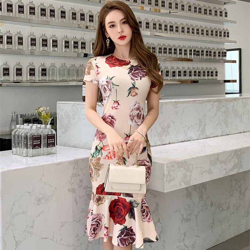 

Casual Dresses  2021 Summer Women O Neck Package Hip Mermaid High End One Step Vestidos Flower Printed Elegant Bodycon Dress, Black