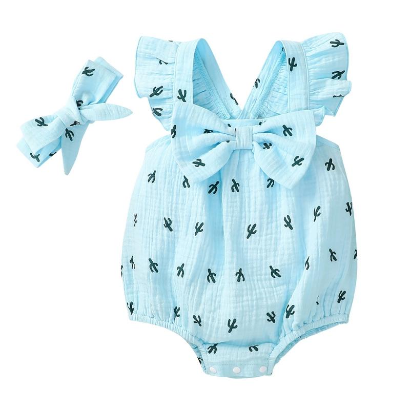 

Rompers Summer Baby Girls Cactus Print Romper + Bow Headband Cotton Short Sleeveless Infant Bodysuit