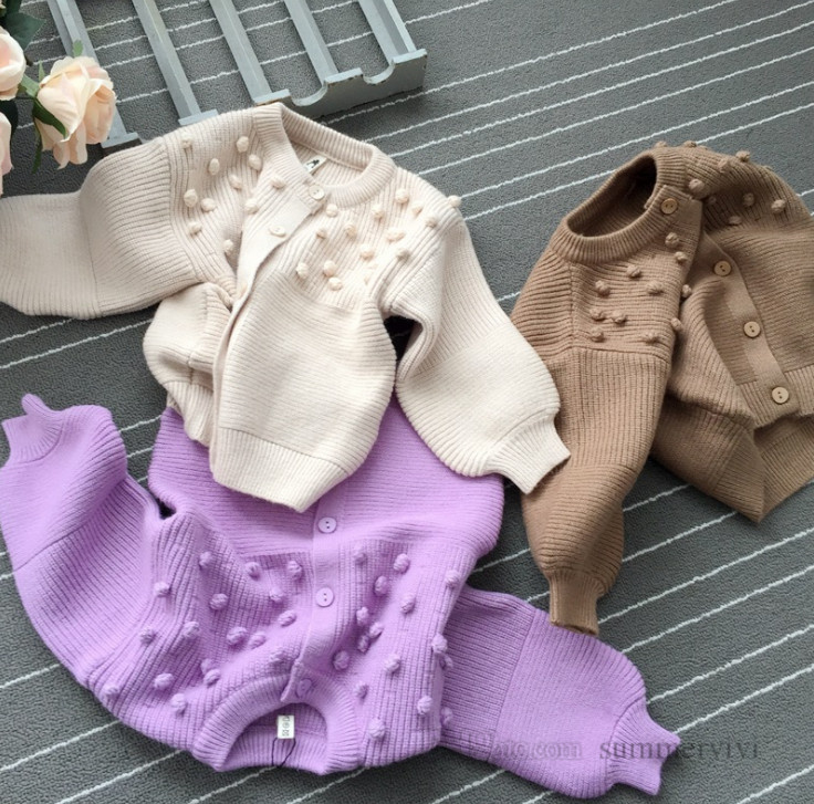 

Girls knitted cardigan kids stereo pompons sweater princess outwear autumn round collar long sleeve all-matching tops Q2184, Blue
