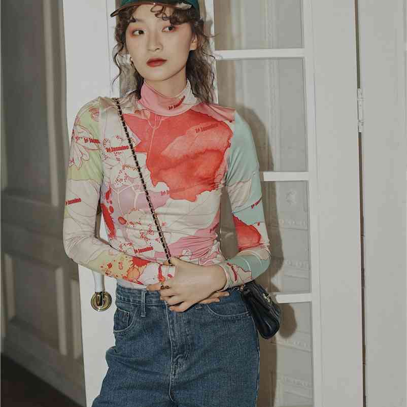 

spring and autumn product printed high neck bottoming shirt slim top 210603, Creamy-white