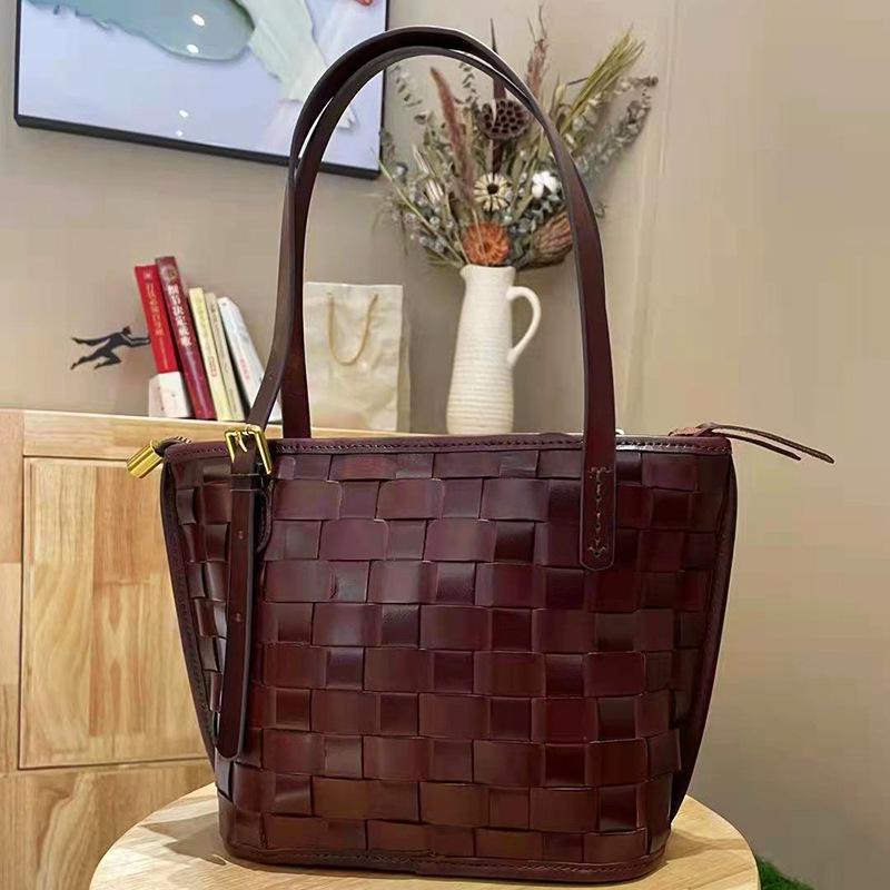 

Evening Bags Luxury Calfskin Knitted Women Tote Genuine Leather Shoulder 100% Real Cowhide Woven Retro Female Purses And Handbags 2022