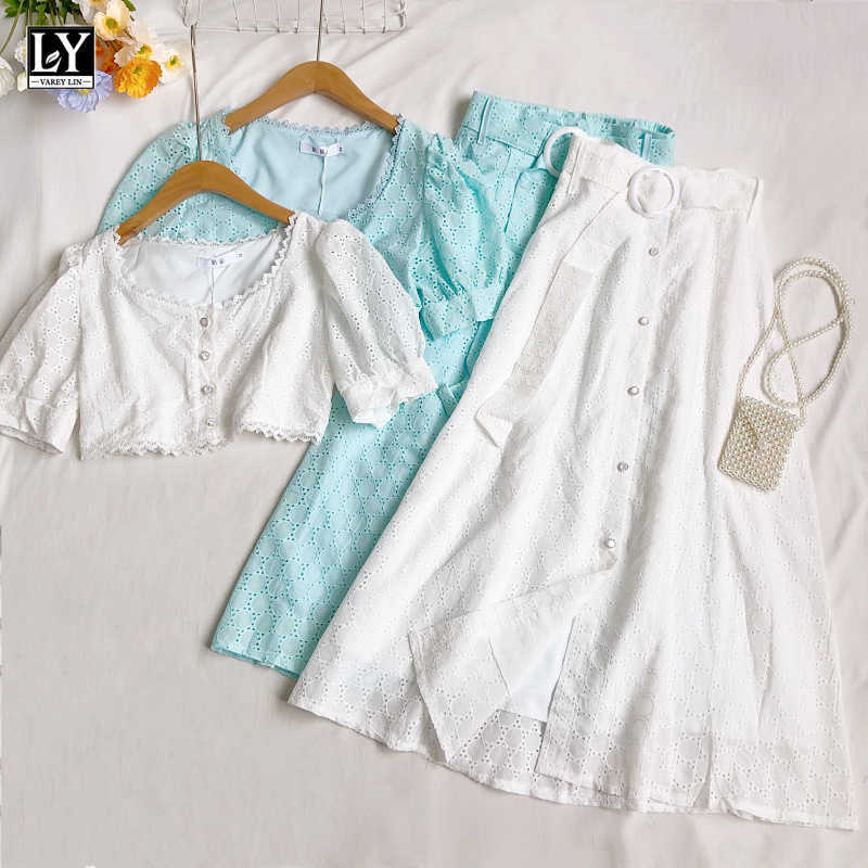 

LY VAREY LIN Summer Women Sweet O-neck Single Breasted Lace Short Shirts Tops+ Casual A-line High Waist Skirts Two Piece Set 210526, Pink