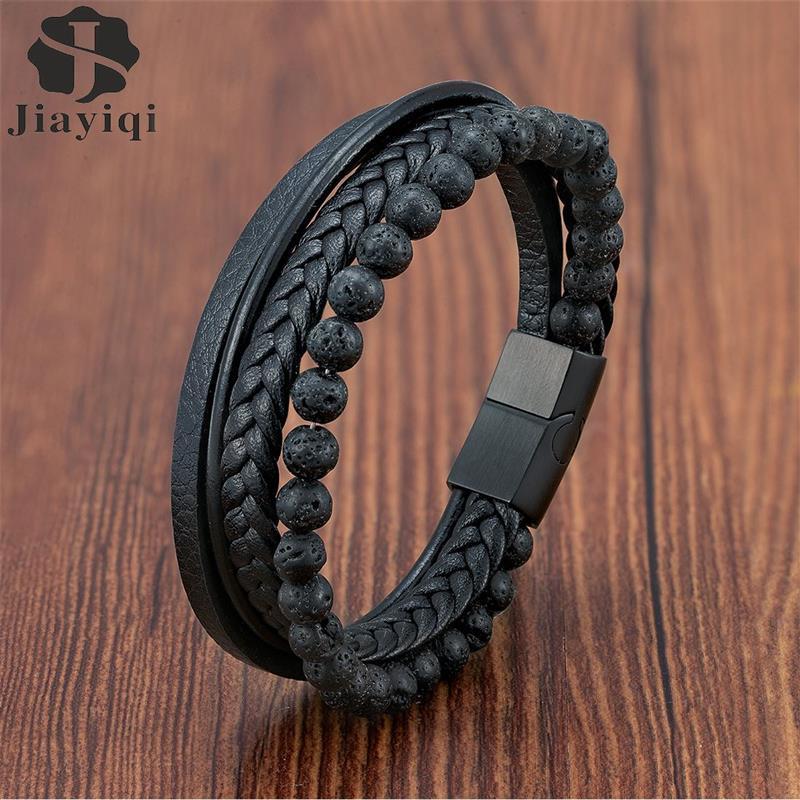 

Charm Bracelets Natural Volcanic Stone Beaded Mutilayer Bracelet For Men Vintage Stainless Steel Magnetic Clasp Wrap Bangle Jewelry Gift