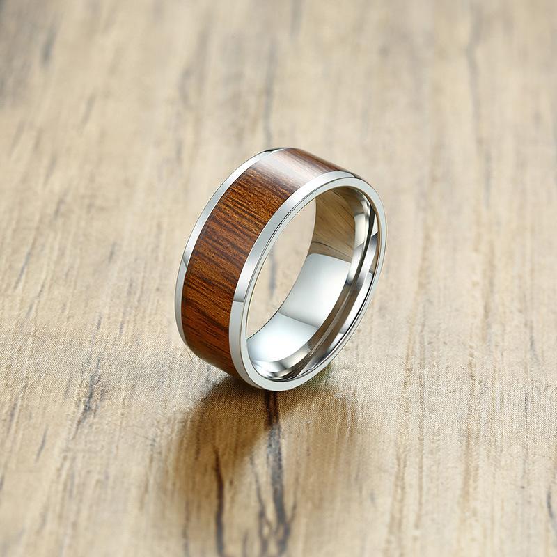 

Wedding Rings 8MM Men's Stainless Steel Wood Inlay Ring For Trend Personality Men Band Finger Spot Jewelry