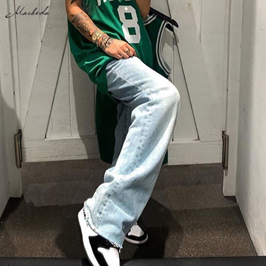 

2011macheda women casual mid-waist jeans fashion streetwear vintage wide leg denim pants blue lady harajuku straight pants