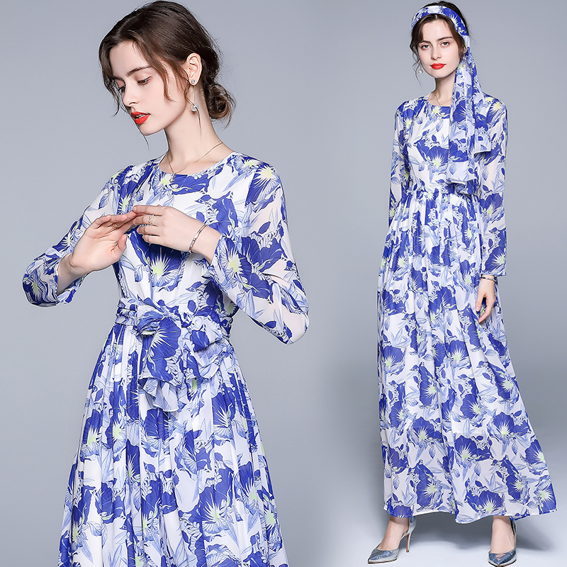

2022 Runway Blue Floral Resort Maxi Dress Full Sleeve Elegant Womens Designer Chiffon Printed Beach Casual Swing Dresses O-Neck Ribbon Bow Ladies Party Prom Clothes, 03