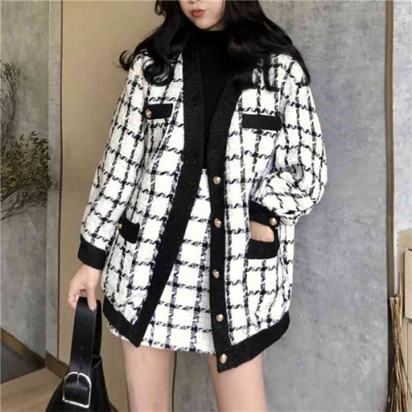 

Autumn Winter Fashion 2 Piece Set Women Long Sleeve Tweed Wool Jacket Coat+Mini Skirt Ladies Vintage Clothing s 210519, Picture color