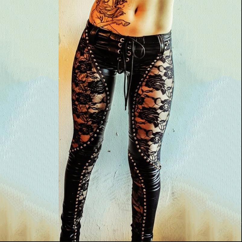 

vintage black drawstring hollow out women pant leather skinny y2k spring winter high waist pencil for clothes, Black;white