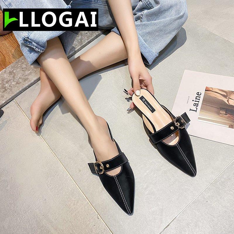 

Slippers Metal Belt Buckle Half Support Sandals Female Summer Korean Version Of Ins Outer Wear Baotou Low-heeled Muller, Black