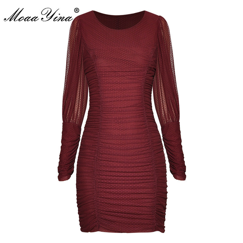 

Fashion Designer dress Autumn Women's Dress Lantern Sleeve Ruched Slim Package buttocks 210524, Burgundy