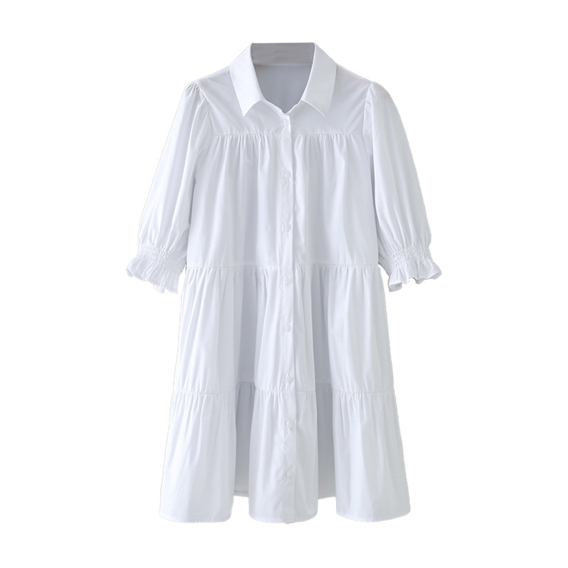 

Summer Weaving Turn-down Collar White Solid Single Breasted Button Casual Women Knee-length Dress 210524