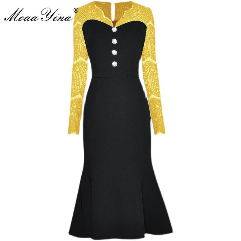 

Fashion dress Spring Women Dress V-neck Lace Long sleeve Package hip Mermaid Dresses 210524, Blue