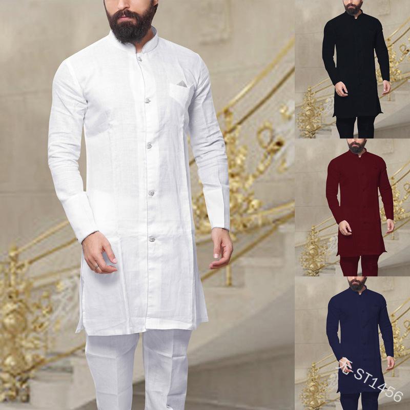 

Ethnic Clothing Middle East Men Jubba Thobe Muslim Islamic Long Sleeve Stand Collar Solid Robe Dubai Saudi Arabia Kaftan