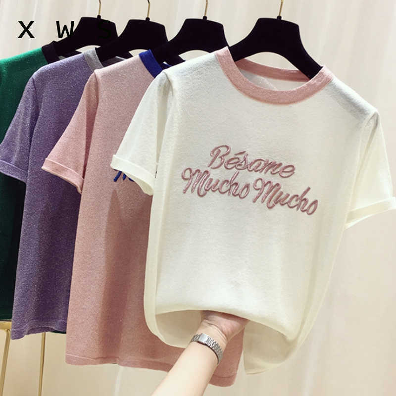 

Glitter Women thin Sweater shiny summer letter embroidery pullovers lady sweaters basic Female pink knit sweater short sleeve 210604