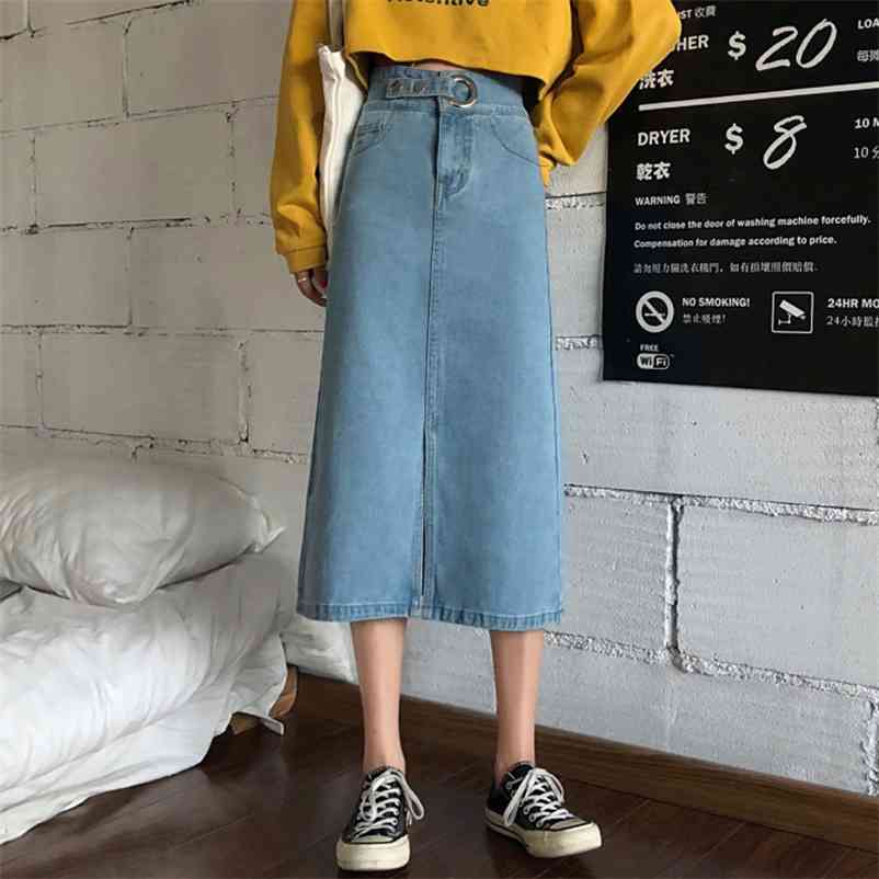 

Women High Waist Buttons Skirts Vintage Casual Pockets Front Split Denim Ladies Streetwear A-line Midi 210519, Blue