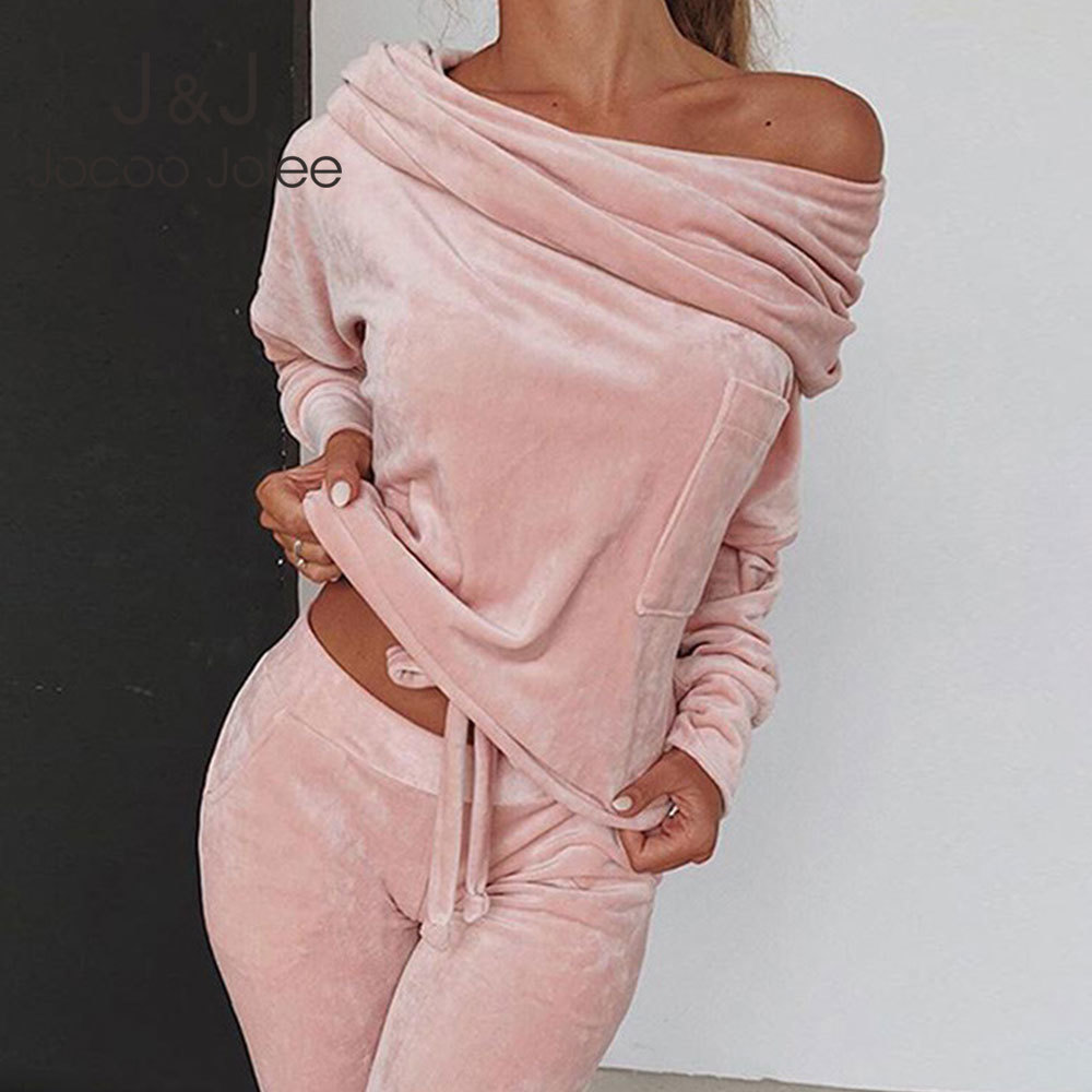 

Jocoo Jolee Autumn Velvet Tracksuit Women Sweatshirt 2 Pieces Set Slash Neck Tops and Pants Sportswear Suede Thick Lounge Suit 210518, As photo