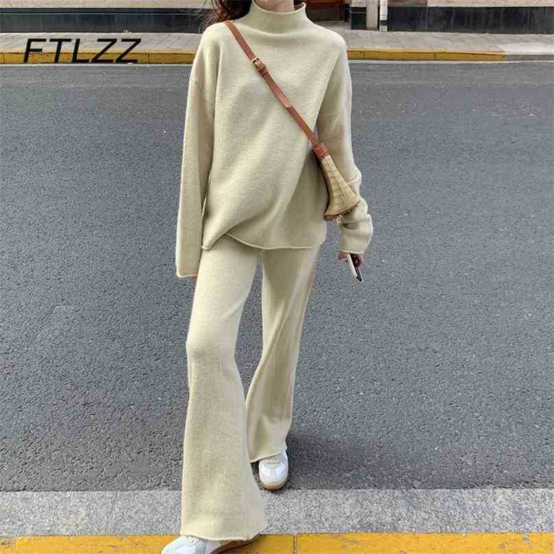 

Women Knitted Two Piece Sets Spring Autumn Loose Korean Sweater Tops Wide Leg Pants Outfits Woman Streetwear Suits Clothes 210525, Black