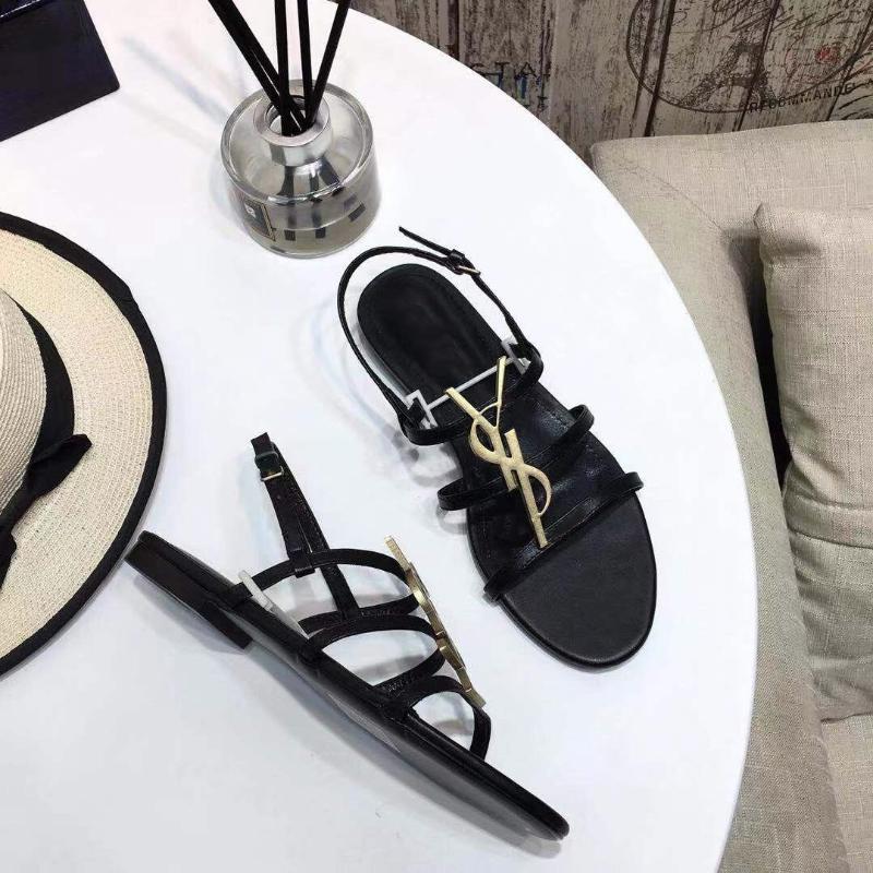 

Women Genuine Leather Sandal Classics Brand Metal YL Flat Sandals Open Toe Round Head Size 34-43, Black