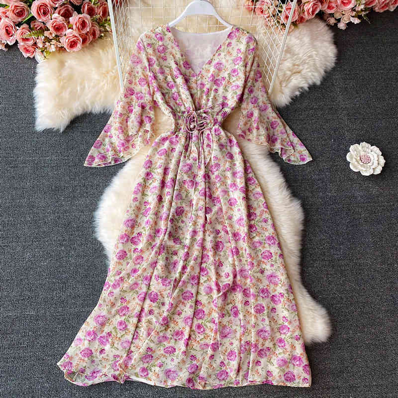 

Women' Knits & Tees Summer Sweet Floral Print Chiffon Women Dresses V Neck Flare Sleeve Elastic Waist Midi Elegant Ruffles Lace U, Beige