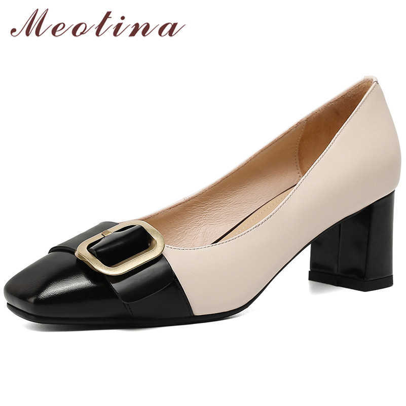 

Meotina Women Shoes Natural Genuine Leather High Heels Square Toe Pumps Buckle Thick Heel Shoes Office Female Footwear Beige 40 210608