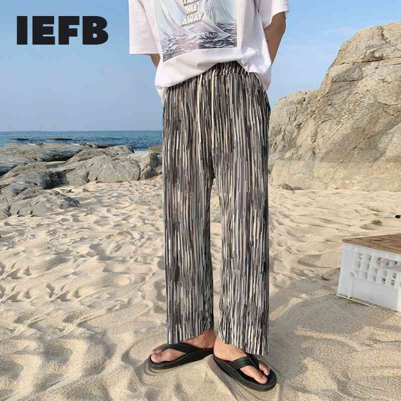 

IEFB Pleated Ice Silk Wide Leg Pants Men's Korean Trend Long Pants Summer Lightweight Loose Casual Straight Trousers 9Y7215 210524, Black