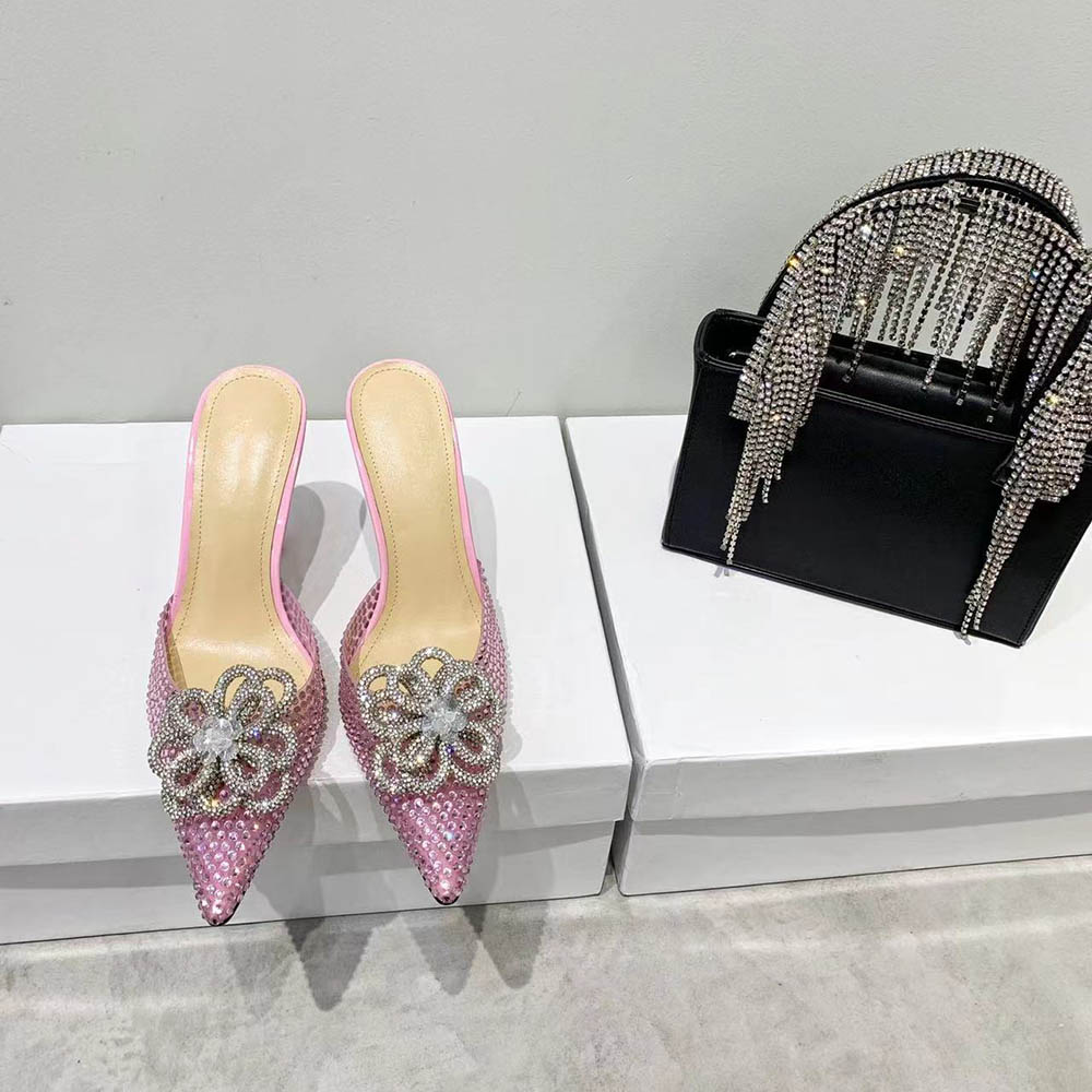 

2021 Fashion Women Pointed Toe Pink PVC Transparent Film Designer Shoe Flower Diamond Buckle Mach Woman Prom Dress 9.5 cm High Heels Wedding Shoes High Quality, Black
