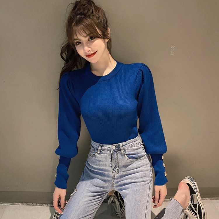 

Pullover Sweater Women Tops Autumn Puff Sleeve Solid Button Knit Ladies Casual Knitwear For 210526, Photo color