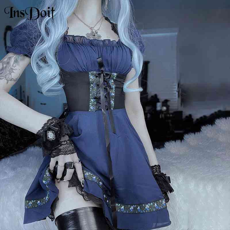 

gothic blue lace up corset women dress vintage trim patchwork aesthetic a line lolita partywear mini, Black;gray