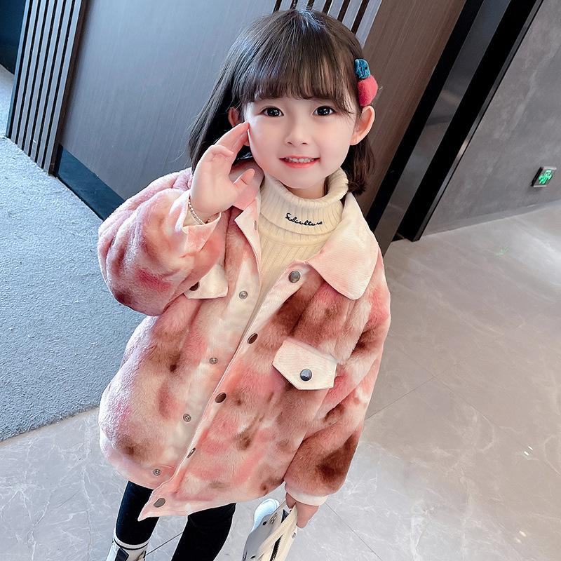 

Jackets Jacket For Girls 2021 Autumn Winter Tie-Dyed Faux Fur Coat Fashion Thick Turn-Down Collar Warm Overcoat Children's Clothing, Blue;gray