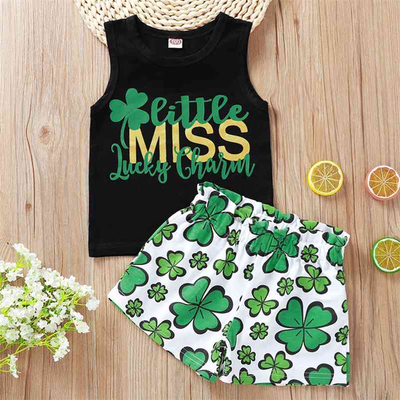 

Summer Children Sets Casual Sleeveless O Neck Print Letter Tops Tetrafolium Shorts 2Pcs Girls Clothes 1-5T 210629, Green