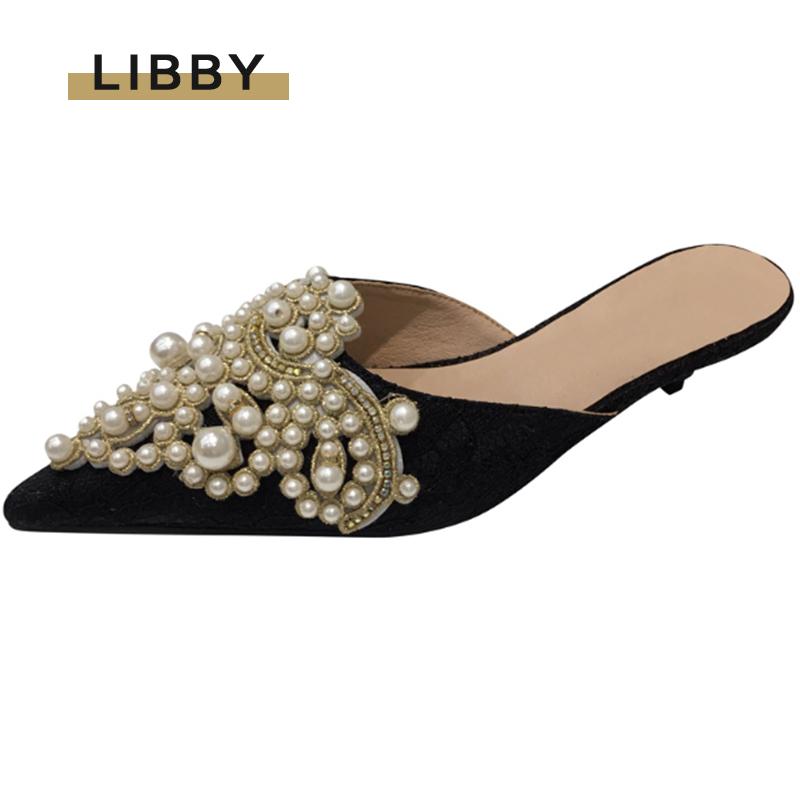 

Slippers 2021 Summer Fashion Female Sandals Sweet Handmade Beading Small Pointed Toe Lace Wedding Dress Bridesmaid Flatsandals, Black