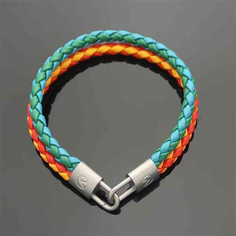 

Women's two-color Tennis double-layer braided rope bracelet with carved V-shaped metal leather bracelets Party Jewelry gift