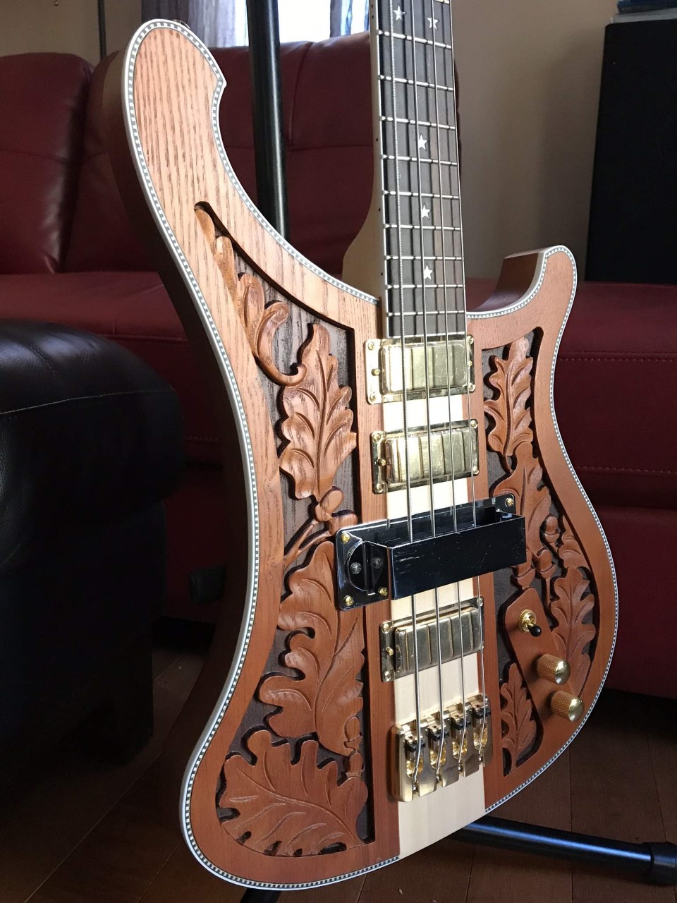

Bastard 4004 LK Lemmy Kilmister Walnut Hand Carved Electric Bass Guitar Neck Through Body, Start Inlay, Checkerboard Binding, Gold Hardware