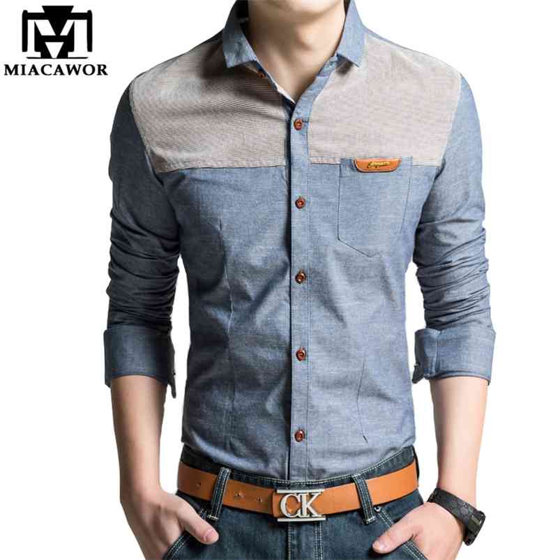 

MIACAWOR Original Design Men Shirt High Quality Casual Shirts Slim Fit Long sleeve Camisa Masculina Camisa Social Plus Size C215 210708, Blue